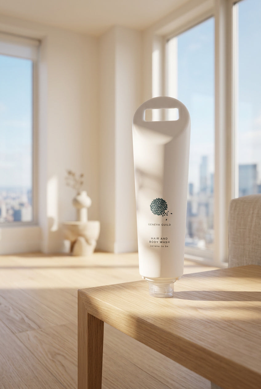 A frosted white bottle of Cerakem Gold Hair and Body Wash standing on a wooden desk in front of a computer monitor.