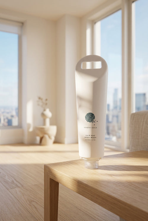 A frosted white bottle of Cerakem Gold Hair and Body Wash standing on a wooden desk in front of a computer monitor.