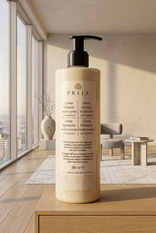 A 350 ml bottle of PRIJA Hands and body moisturizer with a black pump dispenser, shown against a plain light gray background.
