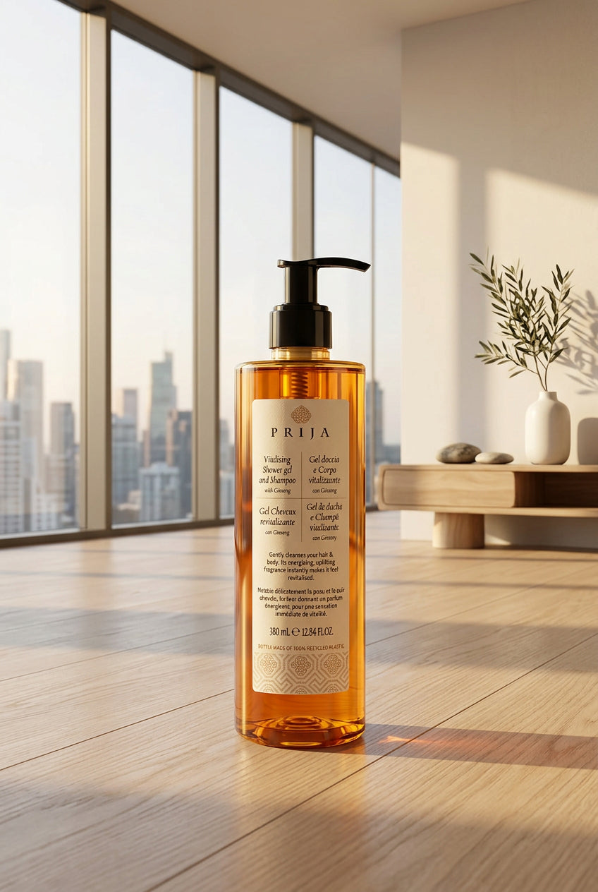 A bottle of PRIJA Vitalizing Shower gel and shampoo with a black pump dispenser, filled with amber-colored liquid, on a white background.